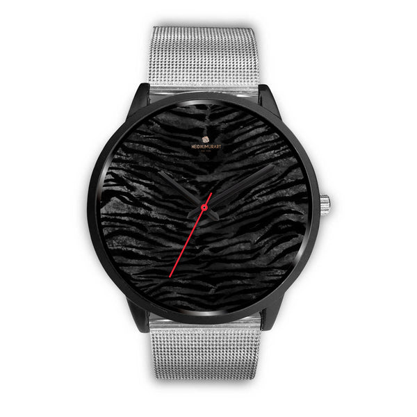 Black Tiger Stripe Animal Print Genuine Leather/Stainless Steel Unisex Premium Watch-Black Watch-Mens 40mm-Silver Metal Mesh-Heidi Kimura Art LLC