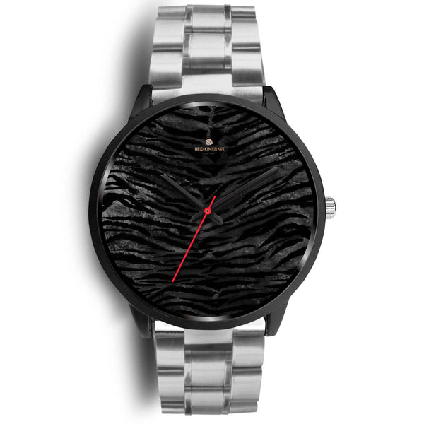 Black Tiger Stripe Animal Print Genuine Leather/Stainless Steel Unisex Premium Watch-Black Watch-Mens 40mm-Silver Metal Link-Heidi Kimura Art LLC