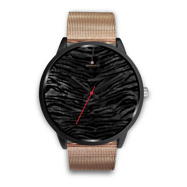 Black Tiger Stripe Animal Print Genuine Leather/Stainless Steel Unisex Premium Watch-Black Watch-Mens 40mm-Rose Gold Metal Mesh-Heidi Kimura Art LLC