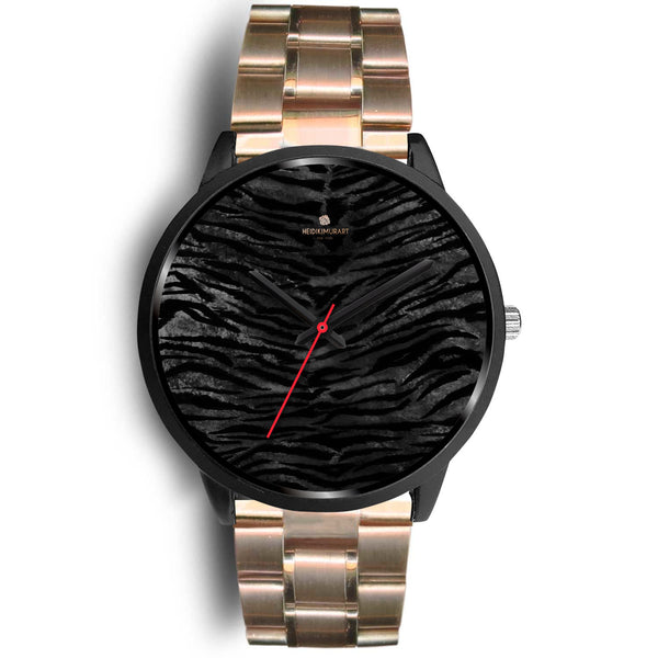 Black Tiger Stripe Animal Print Genuine Leather/Stainless Steel Unisex Premium Watch-Black Watch-Mens 40mm-Rose Gold Metal Link-Heidi Kimura Art LLC
