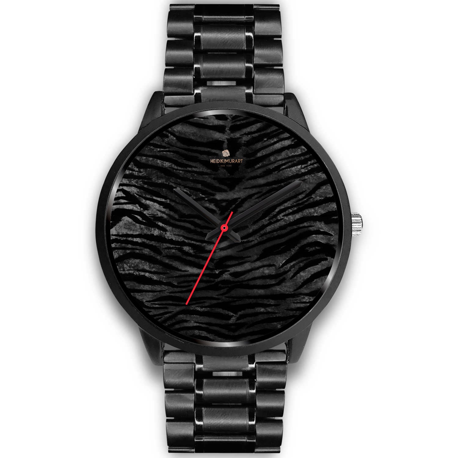 Black Tiger Stripe Animal Print Genuine Leather/Stainless Steel Unisex Premium Watch-Black Watch-Mens 40mm-Black Metal Link-Heidi Kimura Art LLC