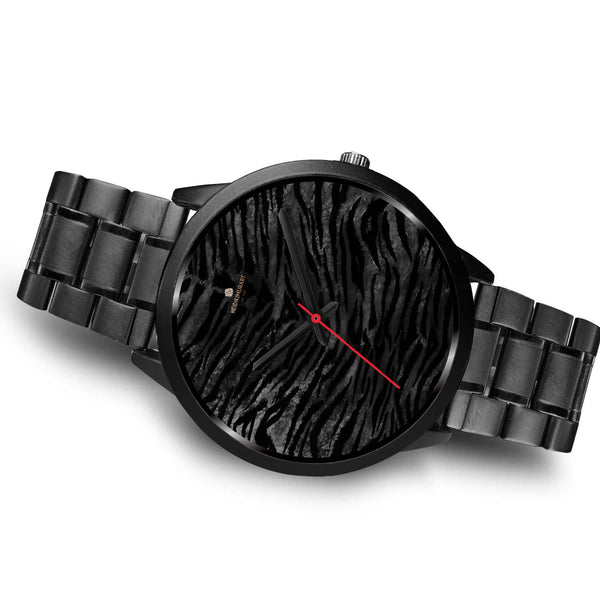 Black Tiger Stripe Animal Print Genuine Leather/Stainless Steel Unisex Premium Watch-Black Watch-Heidi Kimura Art LLC