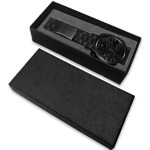 Black Tiger Stripe Animal Print Genuine Leather/Stainless Steel Unisex Premium Watch-Black Watch-Heidi Kimura Art LLC