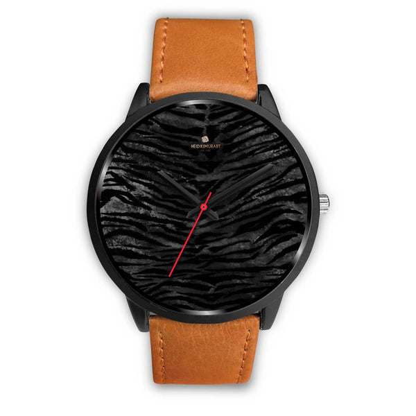 Black Tiger Stripe Animal Print Genuine Leather/Stainless Steel Unisex Premium Watch-Black Watch-Mens 40mm-Brown Leather-Heidi Kimura Art LLC