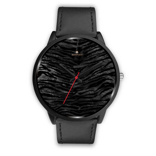 Black Tiger Stripe Animal Print Genuine Leather/Stainless Steel Unisex Premium Watch-Black Watch-Mens 40mm-Black Leather-Heidi Kimura Art LLC