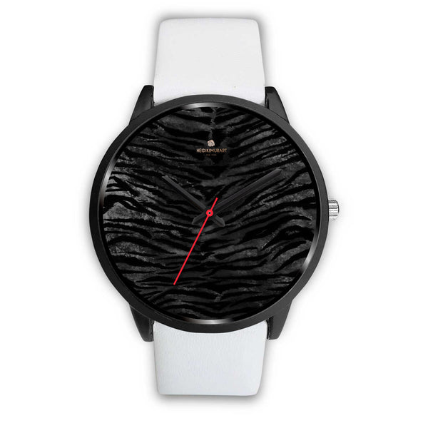 Black Tiger Stripe Animal Print Genuine Leather/Stainless Steel Unisex Premium Watch-Black Watch-Mens 40mm-White Leather-Heidi Kimura Art LLC