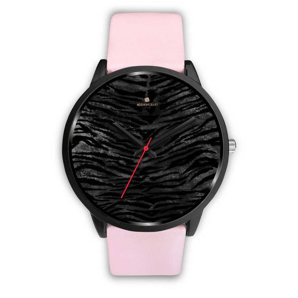 Black Tiger Stripe Animal Print Genuine Leather/Stainless Steel Unisex Premium Watch-Black Watch-Mens 40mm-Pink Leather-Heidi Kimura Art LLC