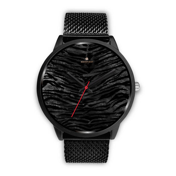 Black Tiger Stripe Animal Print Genuine Leather/Stainless Steel Unisex Premium Watch-Black Watch-Mens 40mm-Black Metal Mesh-Heidi Kimura Art LLC
