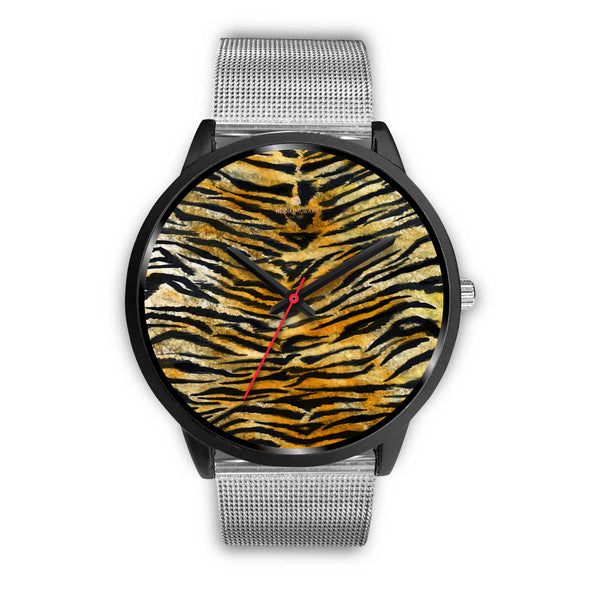 Orange Brown Mens Womens Tiger Stripe Animal Print Designer Unisex Watch-Black Watch-Mens 40mm-Silver Metal Mesh-Heidi Kimura Art LLC