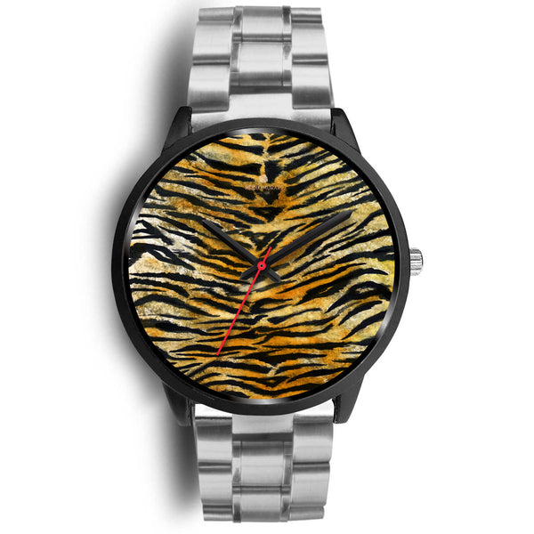 Orange Brown Mens Womens Tiger Stripe Animal Print Designer Unisex Watch-Black Watch-Mens 40mm-Silver Metal Link-Heidi Kimura Art LLC