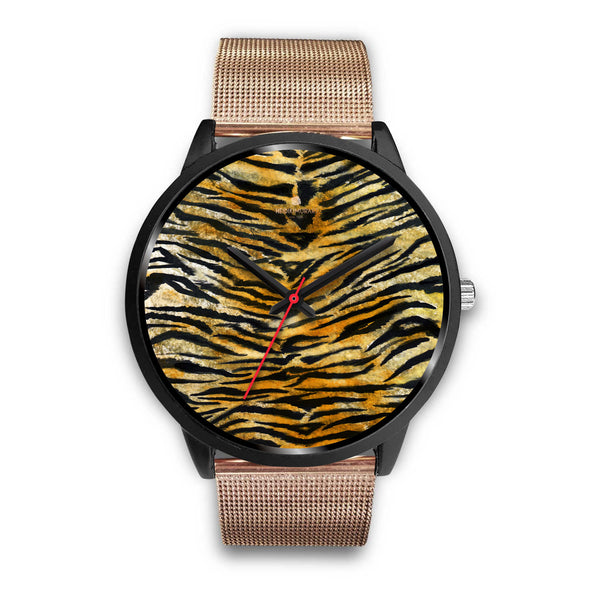 Orange Brown Mens Womens Tiger Stripe Animal Print Designer Unisex Watch-Black Watch-Mens 40mm-Rose Gold Metal Mesh-Heidi Kimura Art LLC