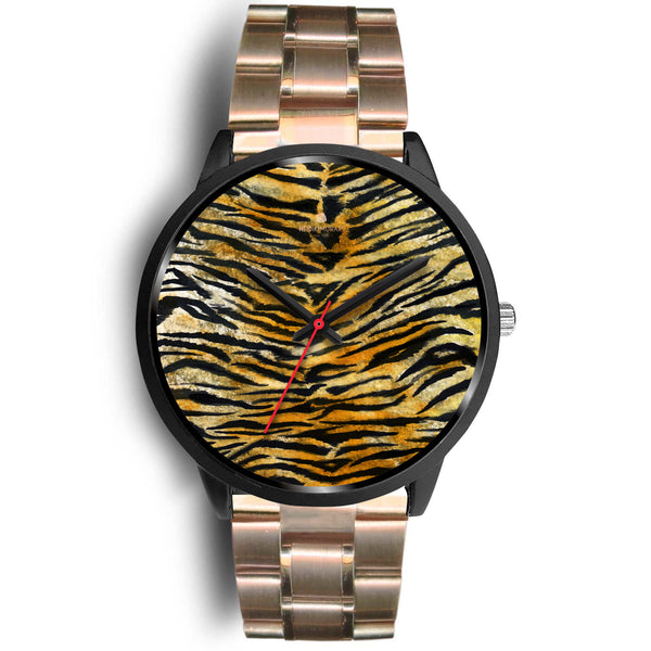 Orange Brown Mens Womens Tiger Stripe Animal Print Designer Unisex Watch-Black Watch-Mens 40mm-Rose Gold Metal Link-Heidi Kimura Art LLC