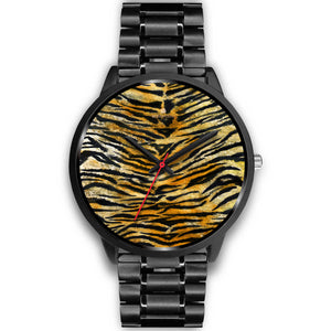 Orange Brown Mens Womens Tiger Stripe Animal Print Designer Unisex Watch-Black Watch-Mens 40mm-Black Metal Link-Heidi Kimura Art LLC