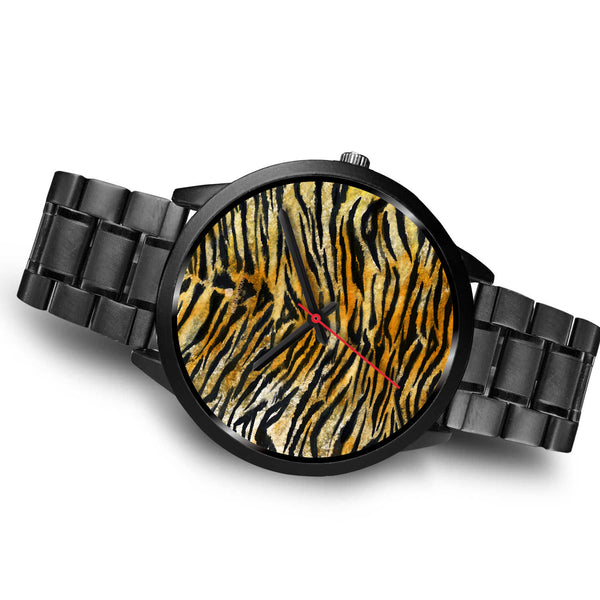 Orange Brown Mens Womens Tiger Stripe Animal Print Designer Unisex Watch-Black Watch-Heidi Kimura Art LLC