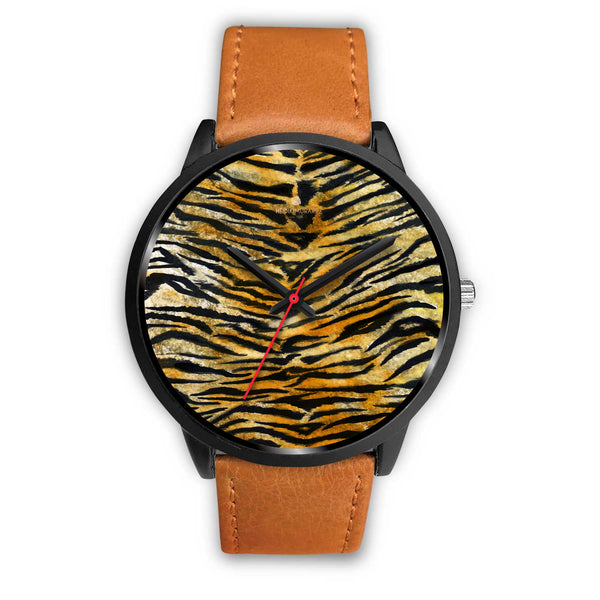 Orange Brown Mens Womens Tiger Stripe Animal Print Designer Unisex Watch-Black Watch-Mens 40mm-Brown Leather-Heidi Kimura Art LLC