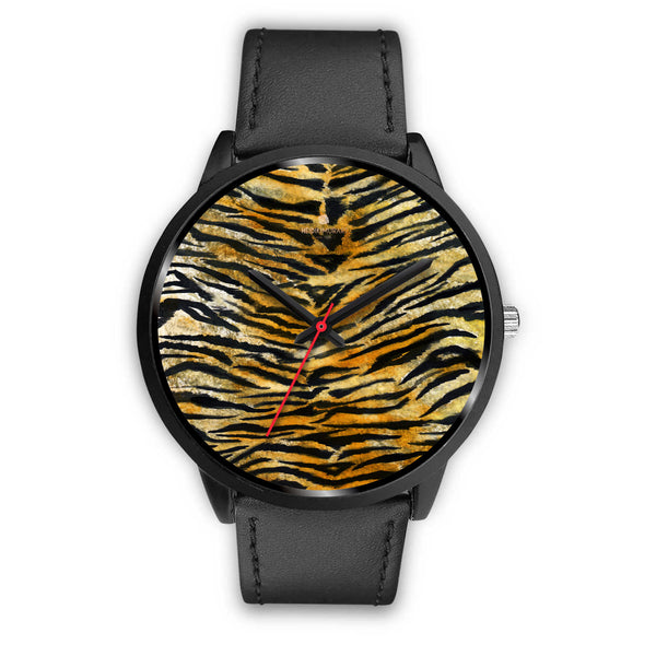Orange Brown Mens Womens Tiger Stripe Animal Print Designer Unisex Watch-Black Watch-Mens 40mm-Black Leather-Heidi Kimura Art LLC