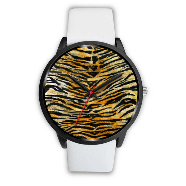 Orange Brown Mens Womens Tiger Stripe Animal Print Designer Unisex Watch-Black Watch-Mens 40mm-White Leather-Heidi Kimura Art LLC