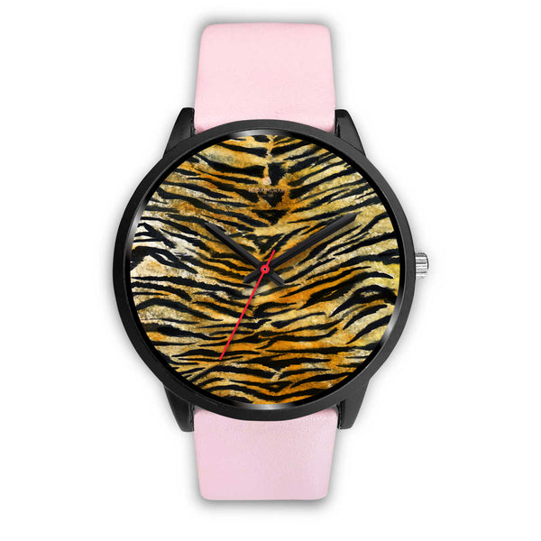 Orange Brown Mens Womens Tiger Stripe Animal Print Designer Unisex Watch-Black Watch-Mens 40mm-Pink Leather-Heidi Kimura Art LLC
