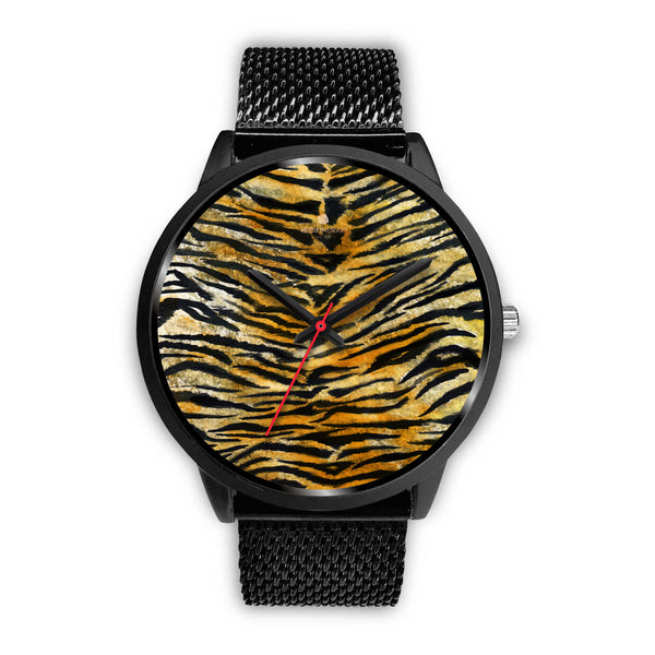 Orange Brown Mens Womens Tiger Stripe Animal Print Designer Unisex Watch-Black Watch-Mens 40mm-Black Metal Mesh-Heidi Kimura Art LLC