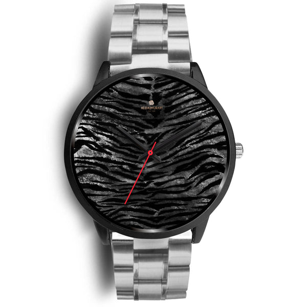 Gray Tiger Striped Watch, Animal Print Designer Genuine Leather/ Stainless Steel Watch-Black Watch-Mens 40mm-Silver Metal Link-Heidi Kimura Art LLC