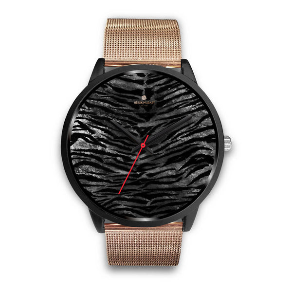 Gray Tiger Striped Watch, Animal Print Designer Genuine Leather/ Stainless Steel Watch-Black Watch-Mens 40mm-Rose Gold Metal Mesh-Heidi Kimura Art LLC