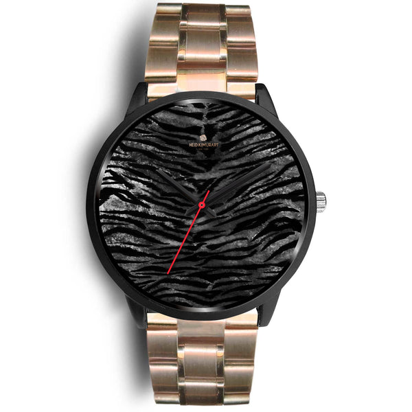 Gray Tiger Striped Watch, Animal Print Designer Genuine Leather/ Stainless Steel Watch-Black Watch-Mens 40mm-Rose Gold Metal Link-Heidi Kimura Art LLC