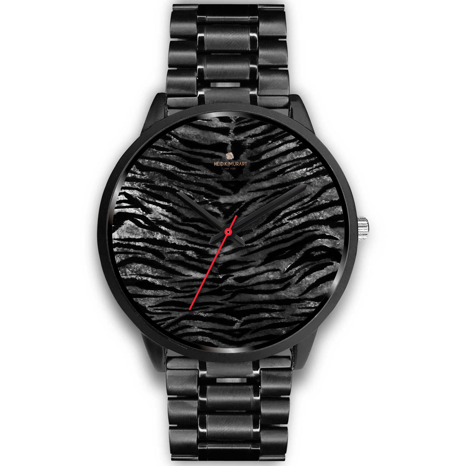 Gray Tiger Striped Watch, Animal Print Designer Genuine Leather/ Stainless Steel Watch-Black Watch-Mens 40mm-Black Metal Link-Heidi Kimura Art LLC