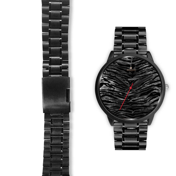 Gray Tiger Striped Watch, Animal Print Designer Genuine Leather/ Stainless Steel Watch-Black Watch-Heidi Kimura Art LLC