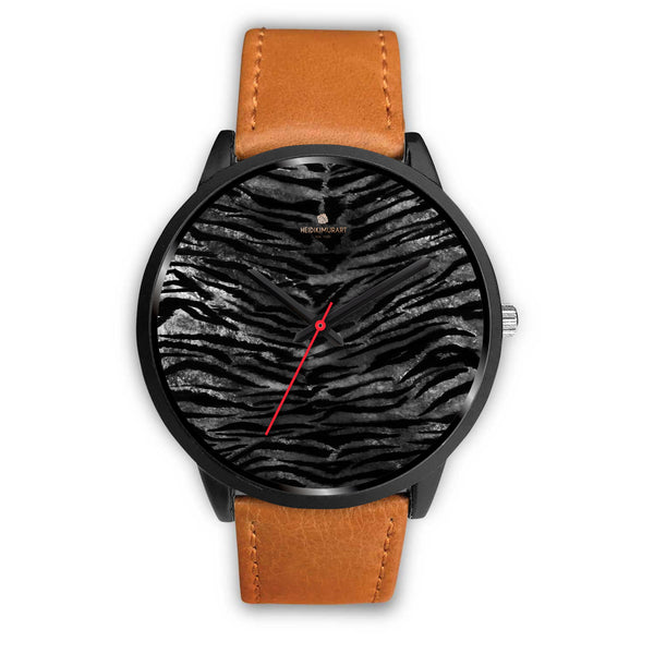 Gray Tiger Striped Watch, Animal Print Designer Genuine Leather/ Stainless Steel Watch-Black Watch-Mens 40mm-Brown Leather-Heidi Kimura Art LLC