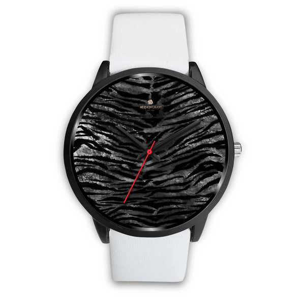 Gray Tiger Striped Watch, Animal Print Designer Genuine Leather/ Stainless Steel Watch-Black Watch-Mens 40mm-White Leather-Heidi Kimura Art LLC