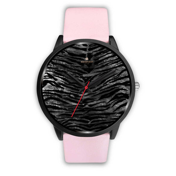 Gray Tiger Striped Watch, Animal Print Designer Genuine Leather/ Stainless Steel Watch-Black Watch-Mens 40mm-Pink Leather-Heidi Kimura Art LLC