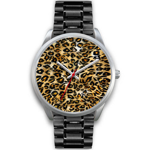 Brown Leopard Animal Print Silver Accent Stainless Steel or Genuine Unisex Leather Watch-Silver Watch-Mens 40mm-Black Metal Link-Heidi Kimura Art LLC