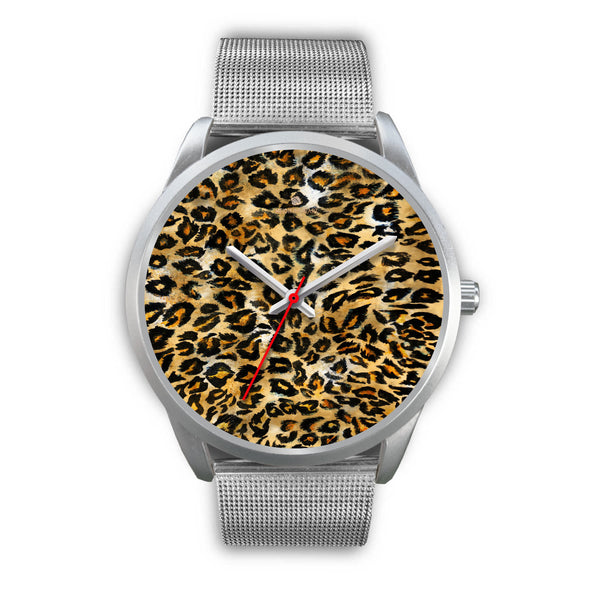 Brown Leopard Animal Print Silver Accent Stainless Steel or Genuine Unisex Leather Watch-Silver Watch-Mens 40mm-Silver Metal Mesh-Heidi Kimura Art LLC