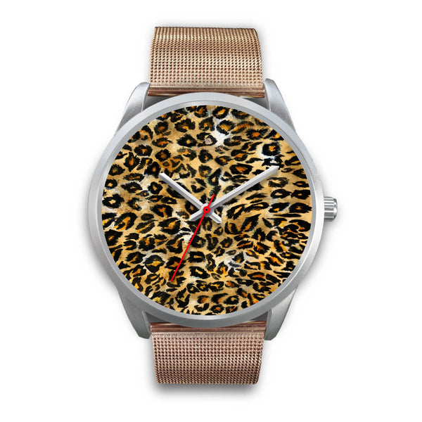 Brown Leopard Animal Print Silver Accent Stainless Steel or Genuine Unisex Leather Watch-Silver Watch-Mens 40mm-Rose Gold Metal Mesh-Heidi Kimura Art LLC