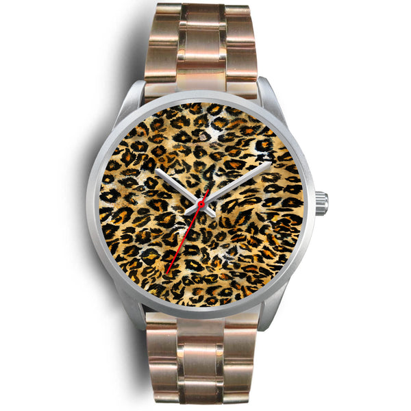 Brown Leopard Animal Print Silver Accent Stainless Steel or Genuine Unisex Leather Watch-Silver Watch-Mens 40mm-Rose Gold Metal Link-Heidi Kimura Art LLC