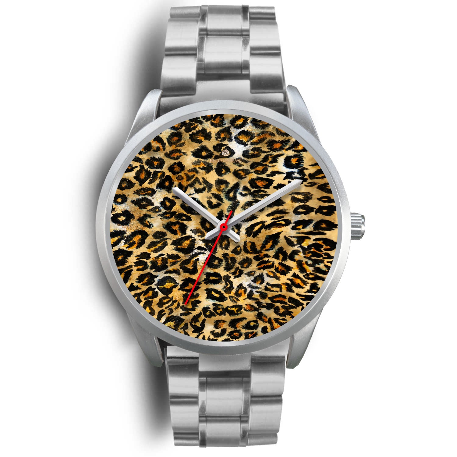 Brown Leopard Animal Print Silver Accent Stainless Steel or Genuine Unisex Leather Watch-Silver Watch-Mens 40mm-Silver Metal Link-Heidi Kimura Art LLC