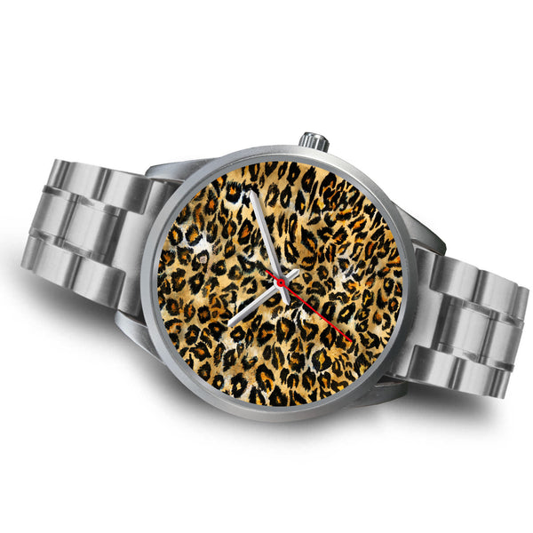 Brown Leopard Animal Print Silver Accent Stainless Steel or Genuine Unisex Leather Watch-Silver Watch-Heidi Kimura Art LLC