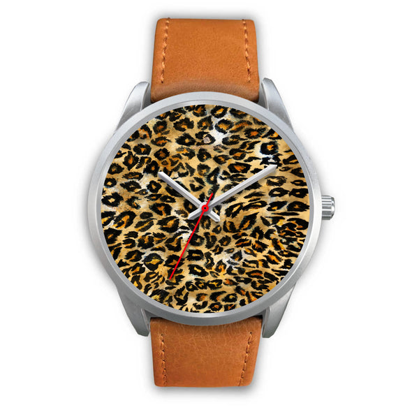 Brown Leopard Animal Print Silver Accent Stainless Steel or Genuine Unisex Leather Watch-Silver Watch-Mens 40mm-Brown Leather-Heidi Kimura Art LLC