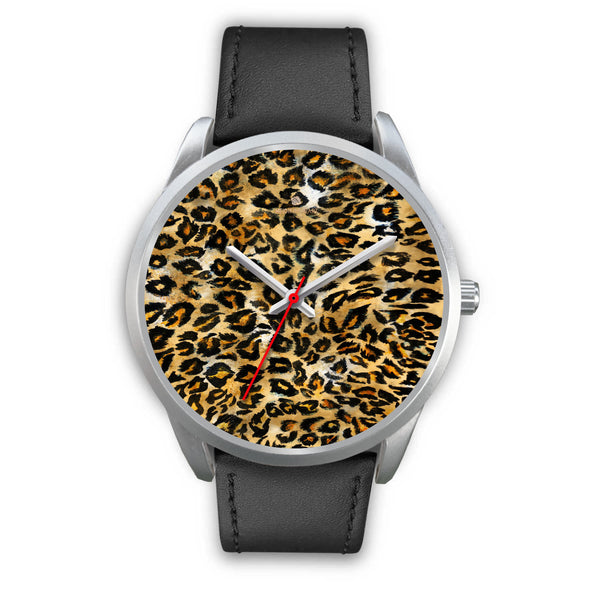 Brown Leopard Animal Print Silver Accent Stainless Steel or Genuine Unisex Leather Watch-Silver Watch-Mens 40mm-Black Leather-Heidi Kimura Art LLC