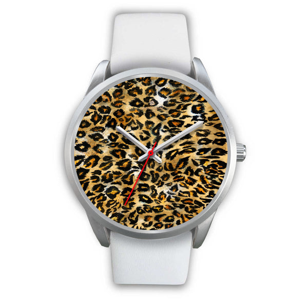 Brown Leopard Animal Print Silver Accent Stainless Steel or Genuine Unisex Leather Watch-Silver Watch-Mens 40mm-White Leather-Heidi Kimura Art LLC