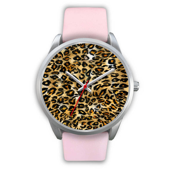 Brown Leopard Animal Print Silver Accent Stainless Steel or Genuine Unisex Leather Watch-Silver Watch-Mens 40mm-Pink Leather-Heidi Kimura Art LLC