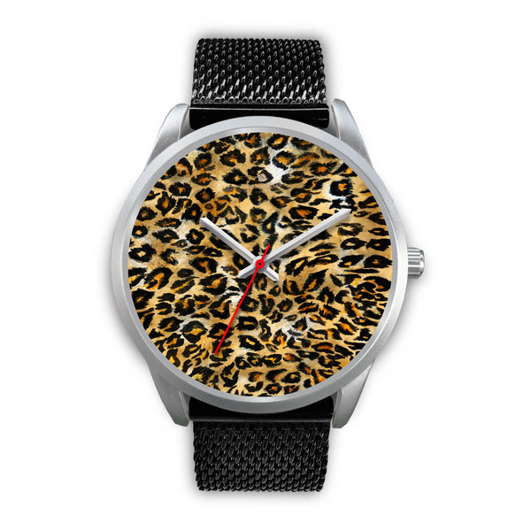 Brown Leopard Animal Print Silver Accent Stainless Steel or Genuine Unisex Leather Watch-Silver Watch-Mens 40mm-Black Metal Mesh-Heidi Kimura Art LLC