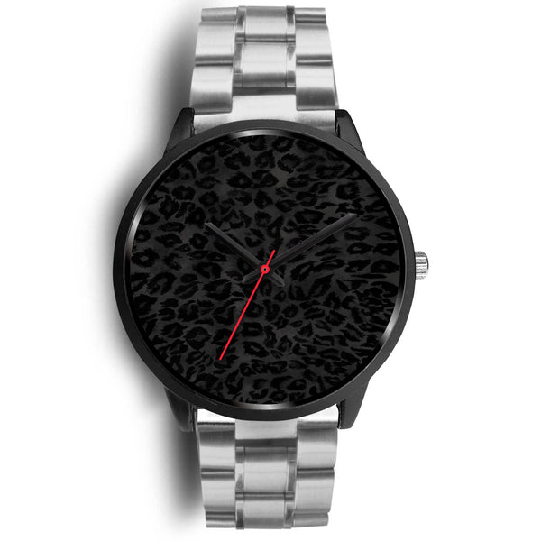 Charcoal Black Designer Leopard Animal Faux Fur Print Unisex Premium Watch-Black Watch-Mens 40mm-Silver Metal Link-Heidi Kimura Art LLC