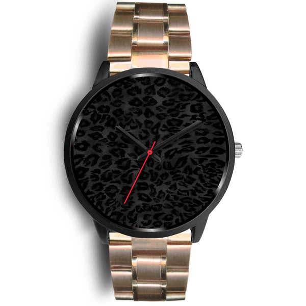 Charcoal Black Designer Leopard Animal Faux Fur Print Unisex Premium Watch-Black Watch-Mens 40mm-Rose Gold Metal Link-Heidi Kimura Art LLC