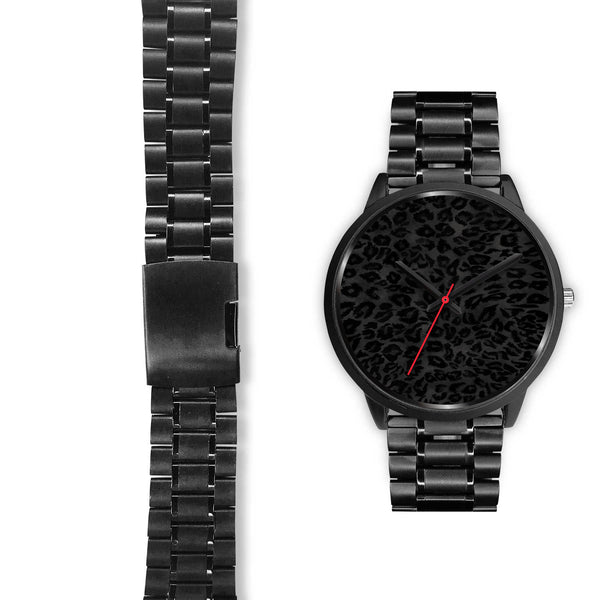 Charcoal Black Designer Leopard Animal Faux Fur Print Unisex Premium Watch-Black Watch-Heidi Kimura Art LLC