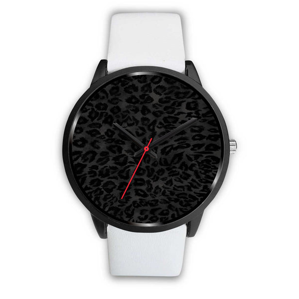 Charcoal Black Designer Leopard Animal Faux Fur Print Unisex Premium Watch-Black Watch-Mens 40mm-White Leather-Heidi Kimura Art LLC