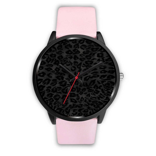 Charcoal Black Designer Leopard Animal Faux Fur Print Unisex Premium Watch-Black Watch-Mens 40mm-Pink Leather-Heidi Kimura Art LLC