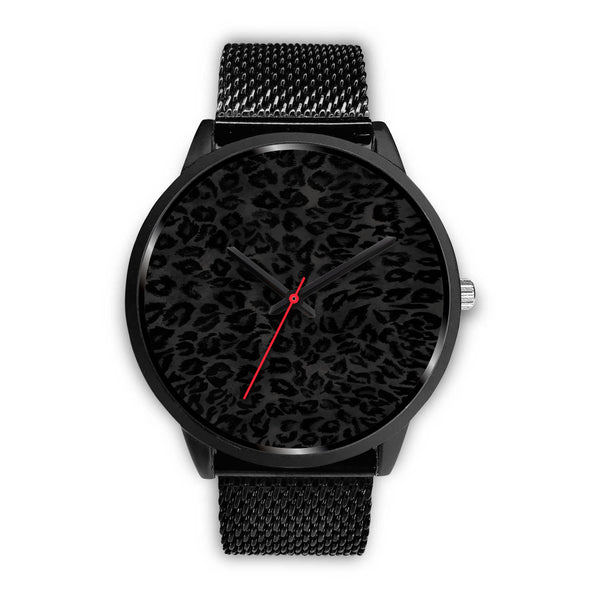 Charcoal Black Designer Leopard Animal Faux Fur Print Unisex Premium Watch-Black Watch-Mens 40mm-Black Metal Mesh-Heidi Kimura Art LLC