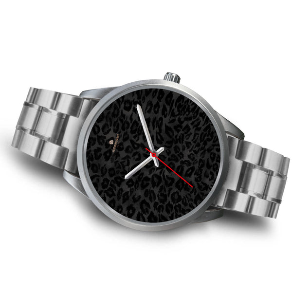 Black Leopard Animal Print Silver Stainless Steel or Genuine Leather Unisex Designer Watch-Silver Watch-Heidi Kimura Art LLC