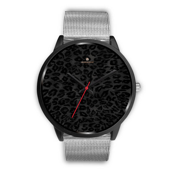 Black Leopard Print Unisex Watch, Animal Print Stainless Steel/ Genuine Leather Watch-Black Watch-Mens 40mm-Silver Metal Mesh-Heidi Kimura Art LLC